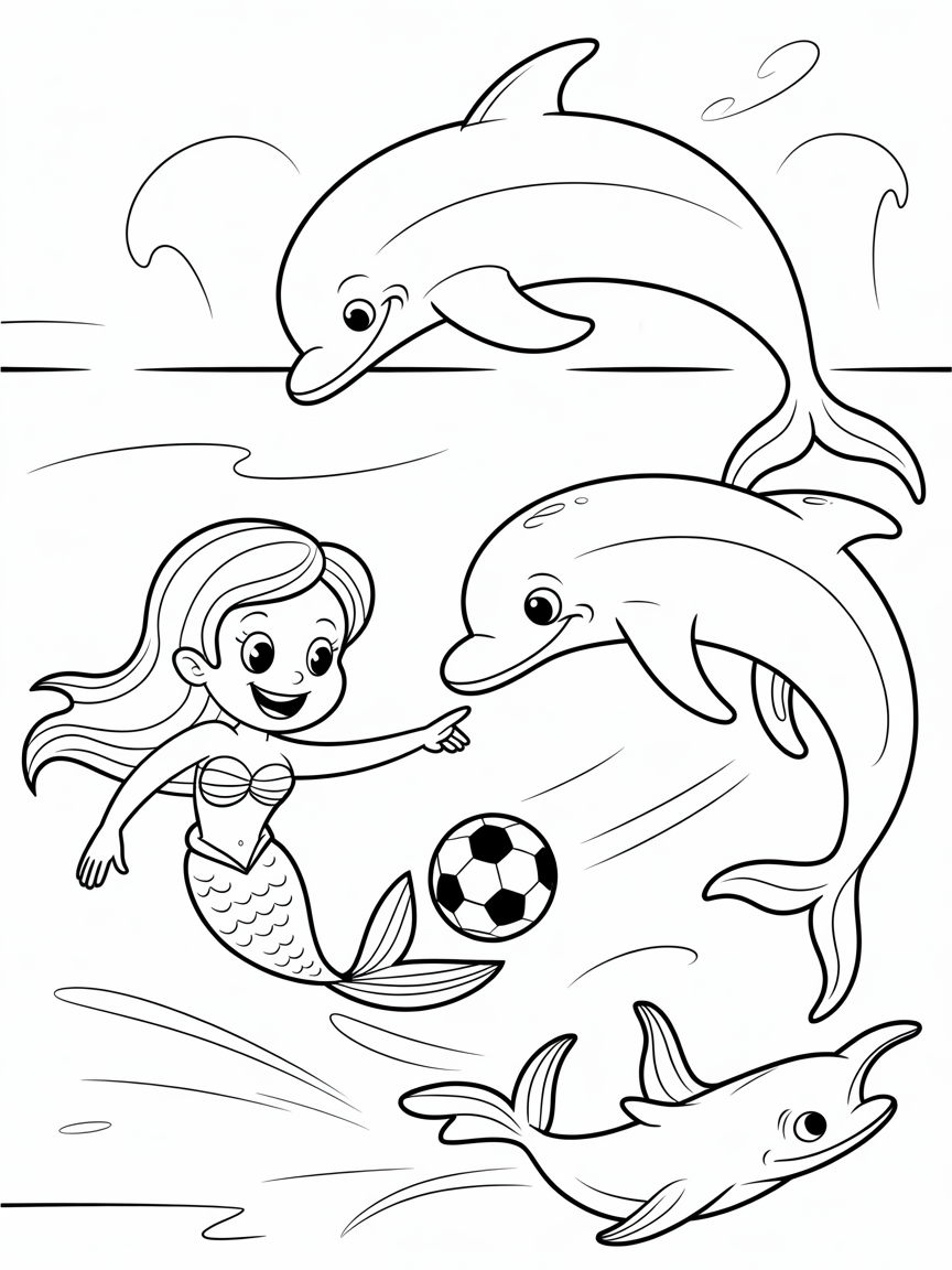 Mermaid playing soccer with dolphins - Free Coloring Page