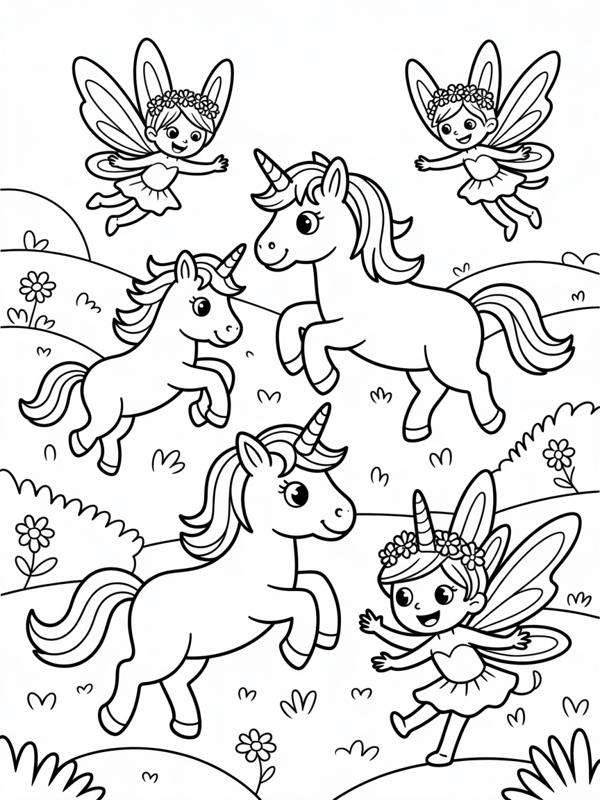 Unicorns and fairies - Free Coloring Page