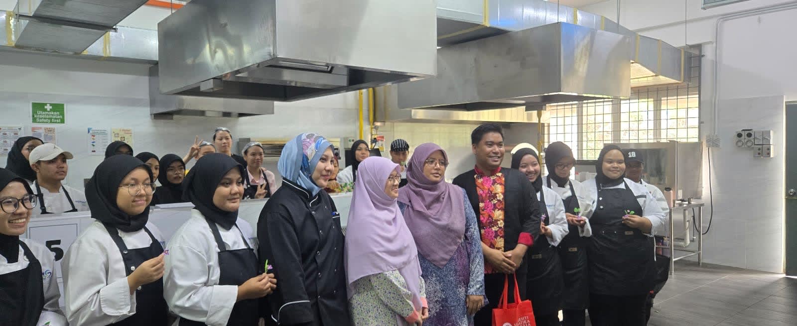 Chef Fathima Mafaza conducting an advanced sugar art and pastry masterclass at University Geomatika Malaysia in 2025, showing live technical training with culinary students in the industrial kitchen and classroom lecture sessions.