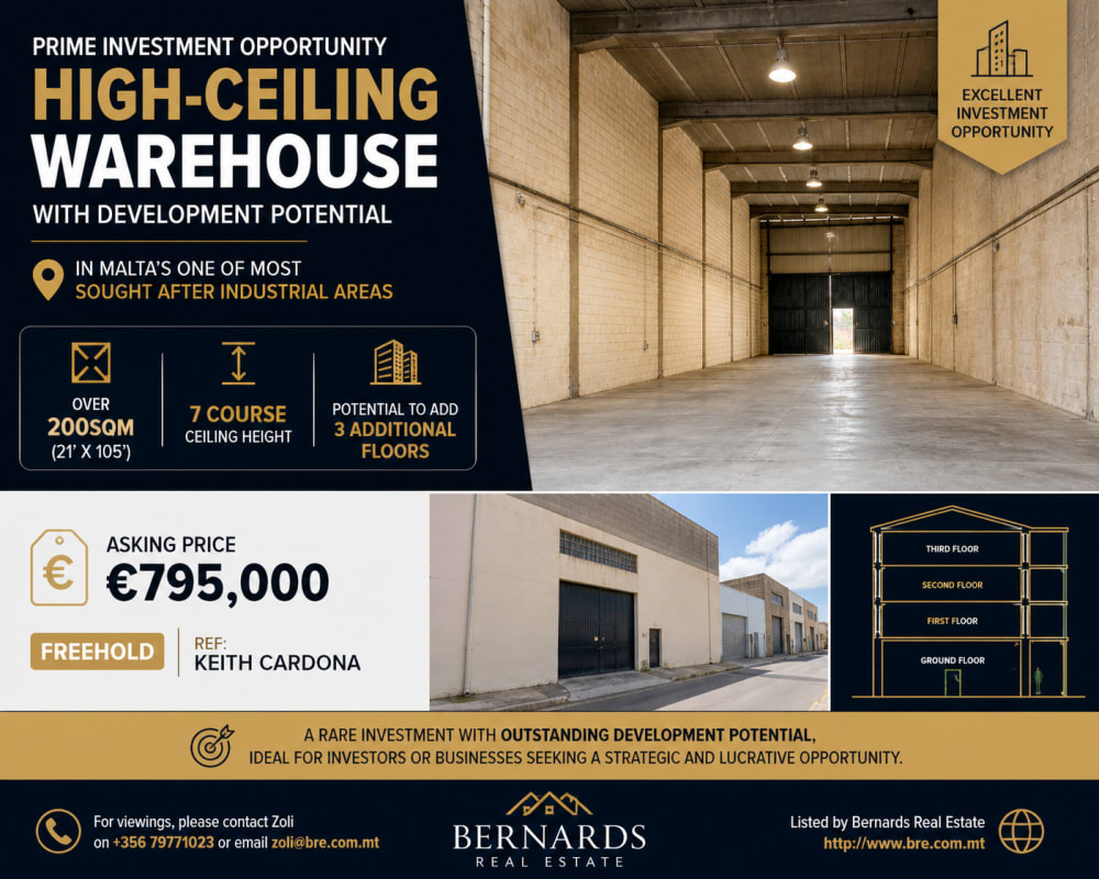 Prime High-Ceiling 200 sqm+ Warehouse with Development Potential in Malta — Qormi, Malta
