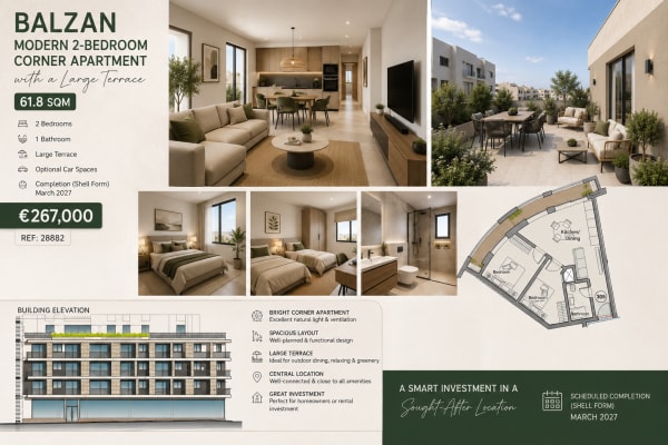 Modern 61.8 sqm 2-Bedroom Corner Apartment with A Large Terrace in Balzan — Balzan, Malta