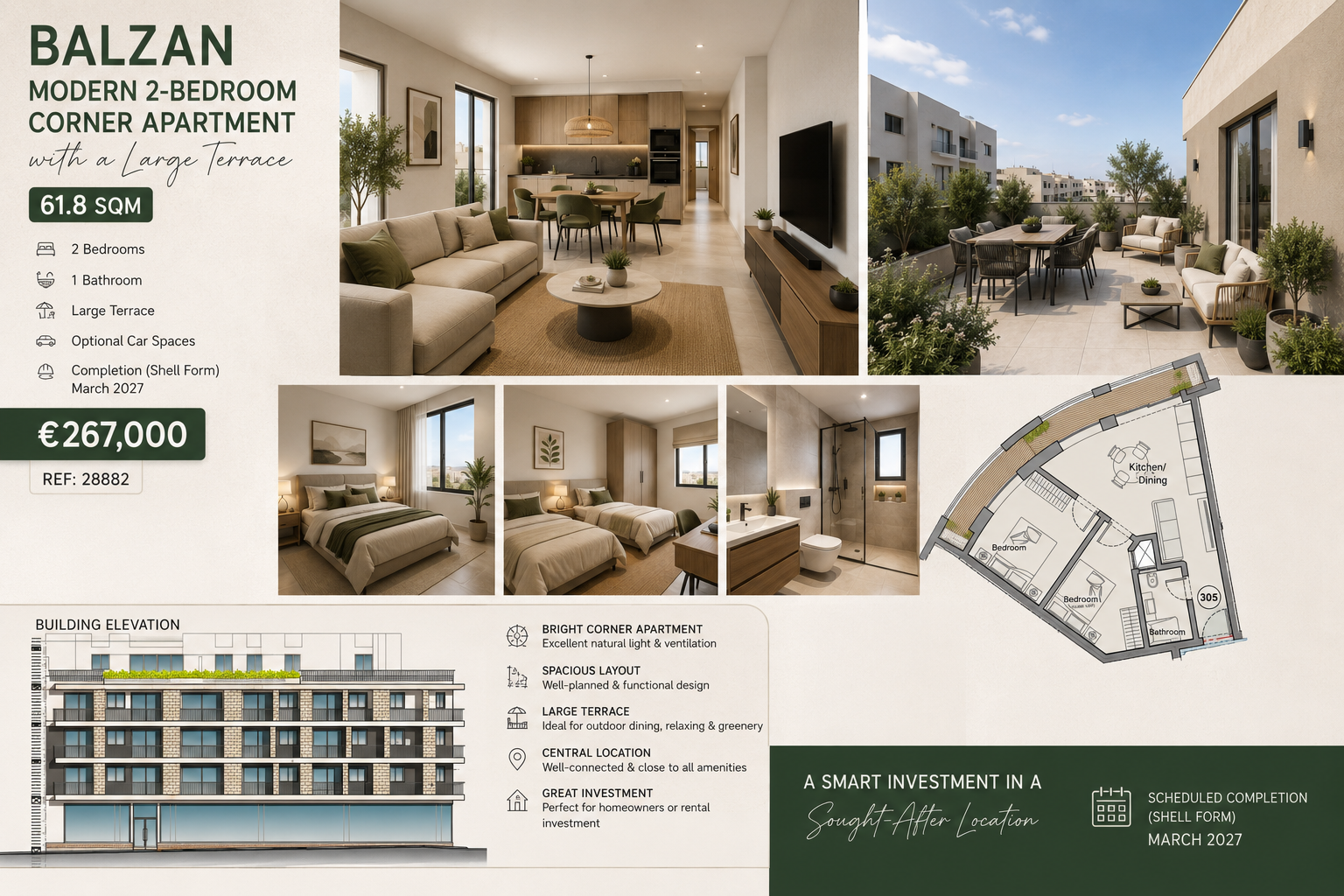 Modern 61.8 sqm 2-Bedroom Corner Apartment with A Large Terrace in Balzan