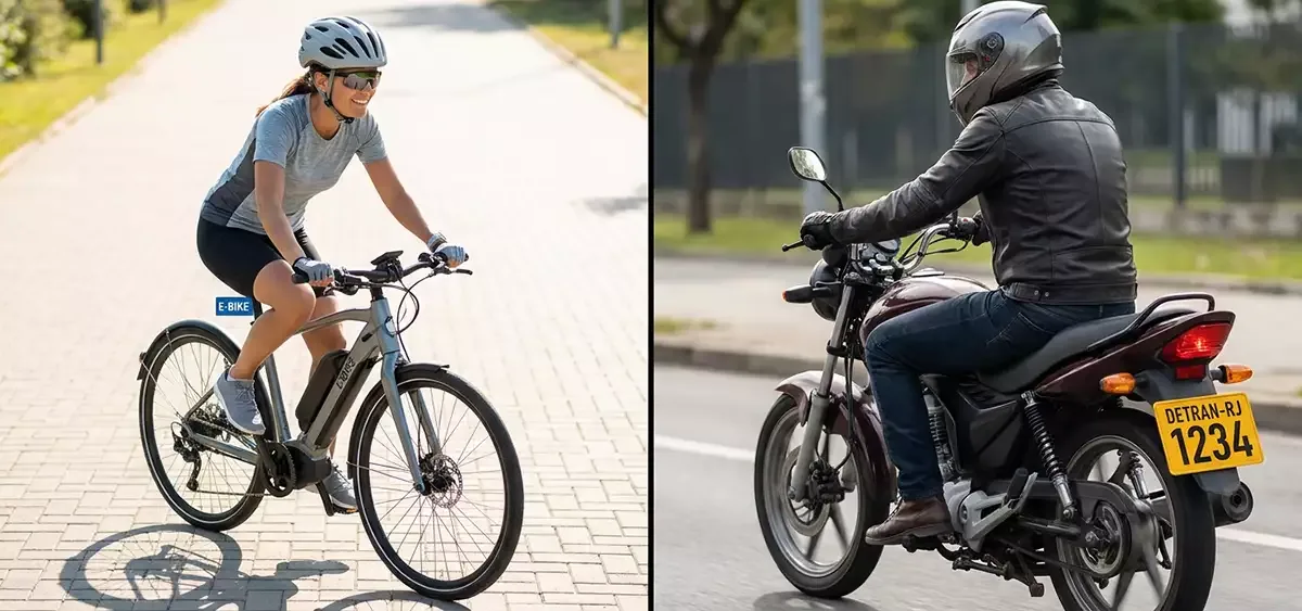 Comparativo mostrando a diferença legal entre uma bicicleta elétrica isenta de emplacamento e um ciclomotor que exige CNH, registro e emplacamento após a resolução Contran 996 e as regras de 2026.