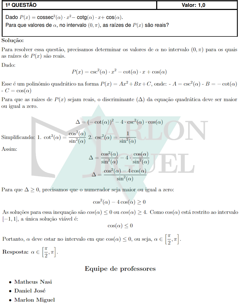 Solução da Questão 1 Discursiva Matemática