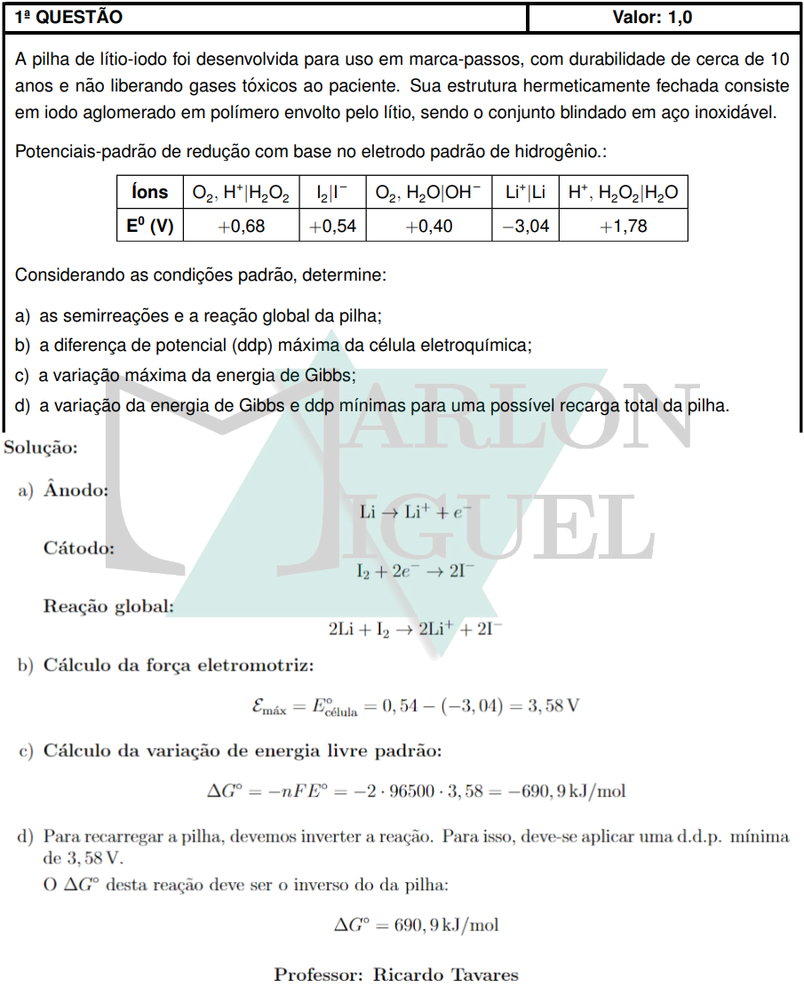 Solução da Questão 1 Discursiva Química