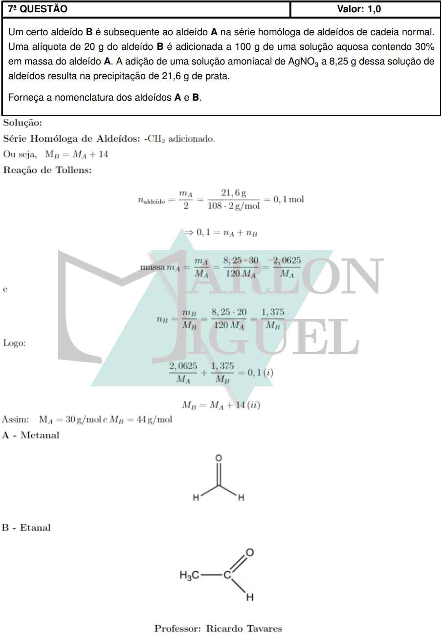 Solução da Questão 7 Discursiva Química