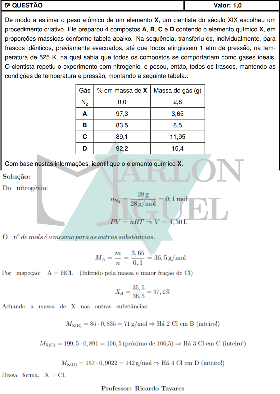 Solução da Questão 5 Discursiva Química