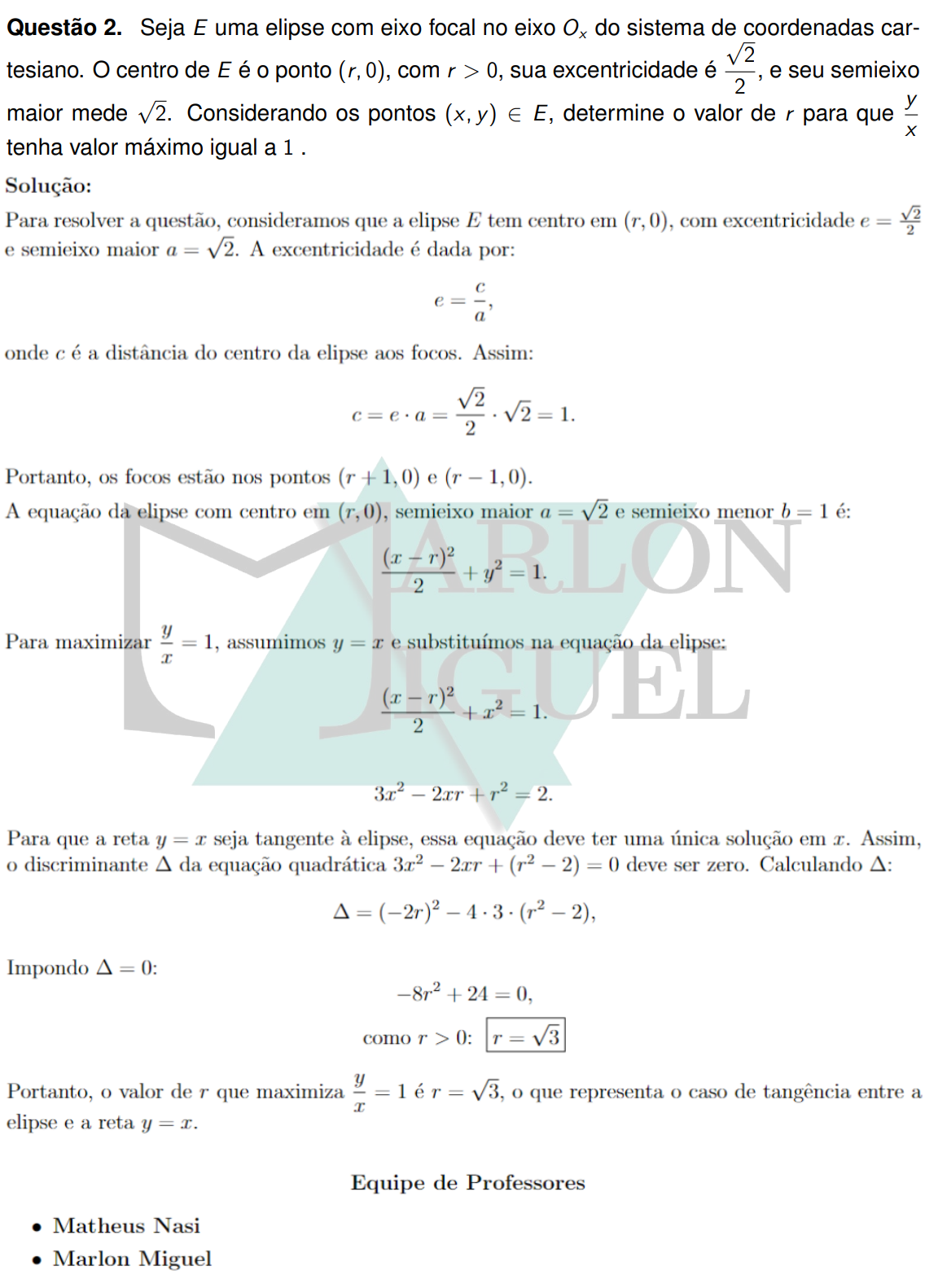 Solução da Questão 2 - 2ª Fase Matemática