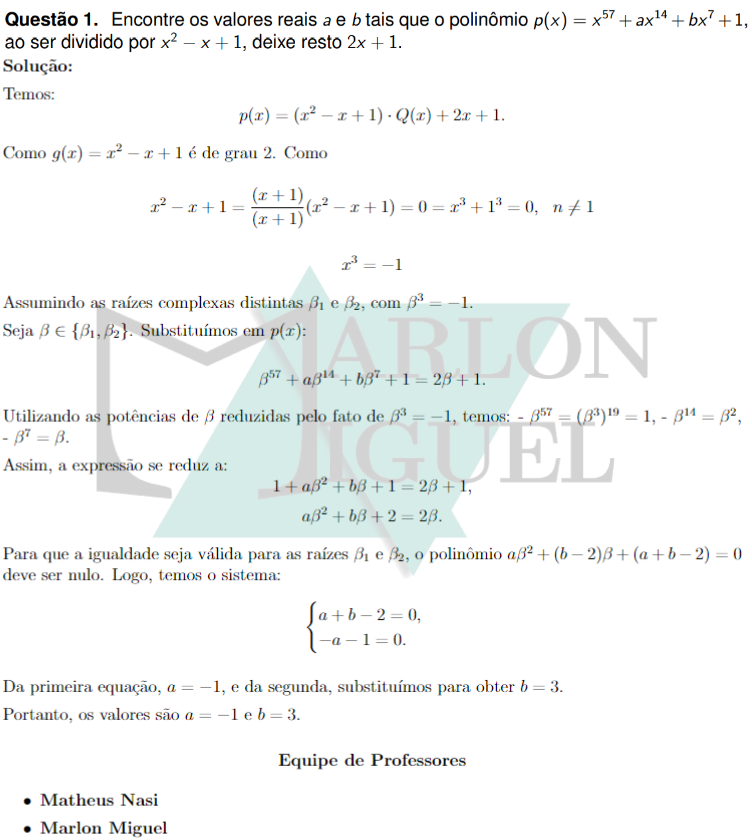 Solução da Questão 1 - 2ª Fase Matemática