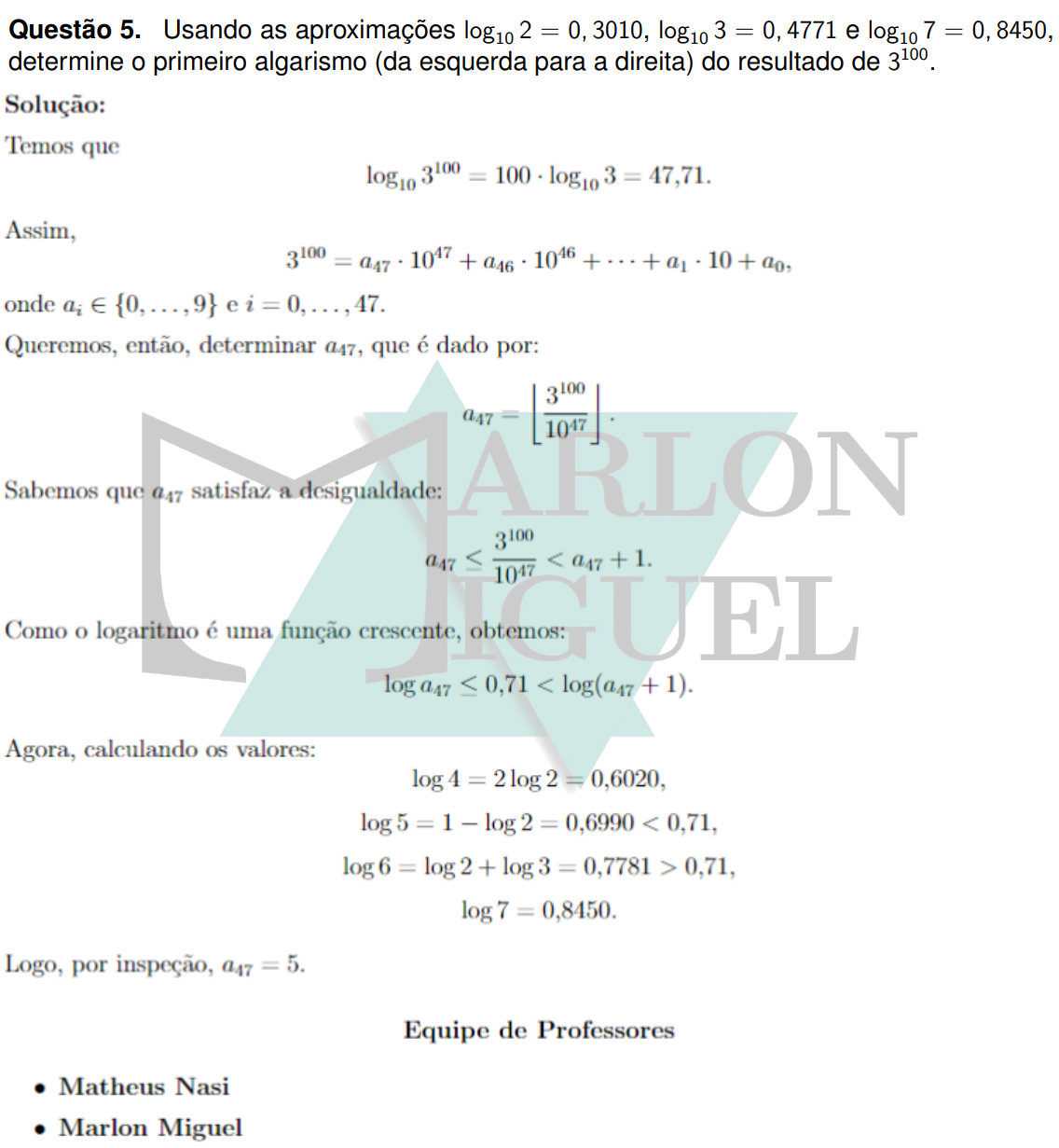 Solução da Questão 5 - 2ª Fase Matemática