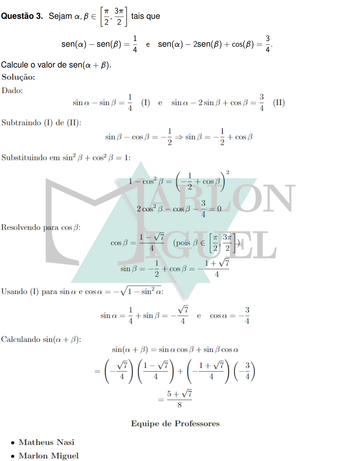 Solução da Questão 3 - 2ª Fase Matemática