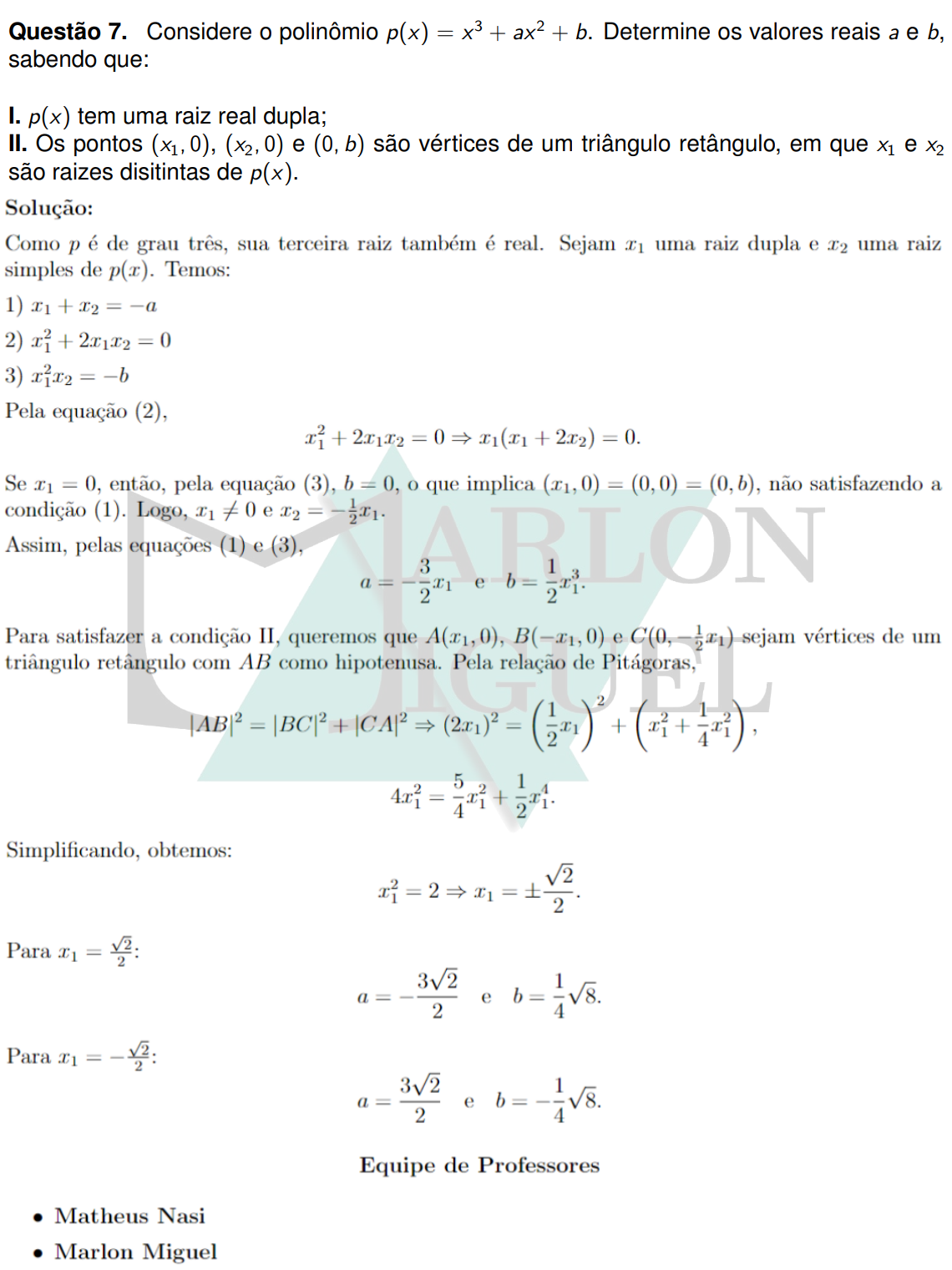 Solução da Questão 7 - 2ª Fase Matemática