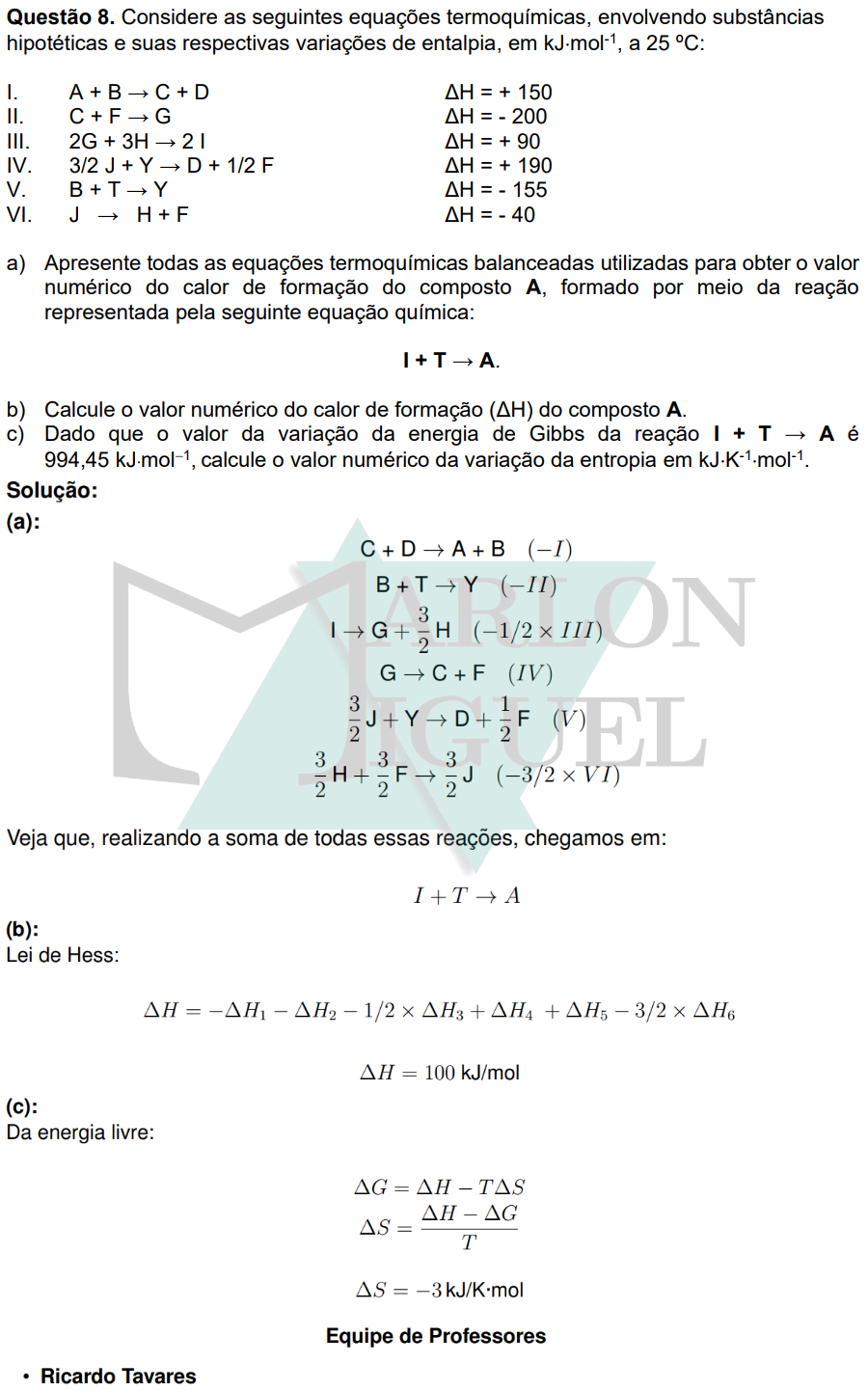 Solução da Questão 8 - 2ª Fase Química