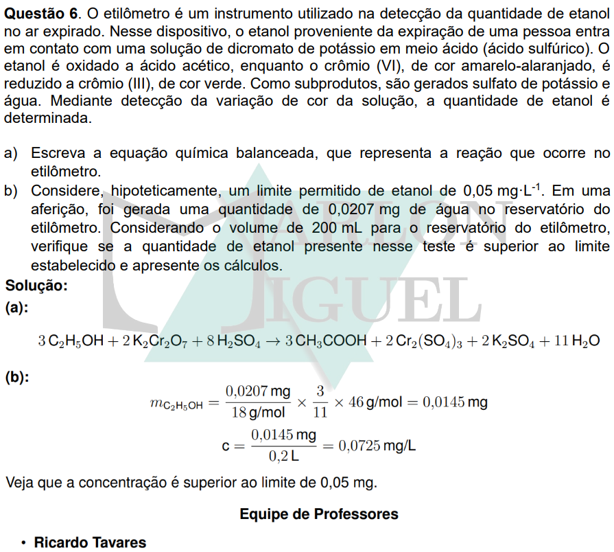 Solução da Questão 6 - 2ª Fase Química