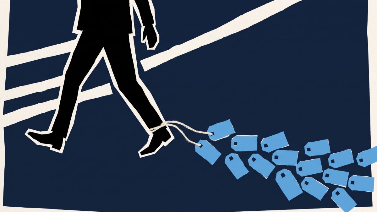 Torn-paper silhouette of a walking figure trailing a string of blue luggage tags from its heel