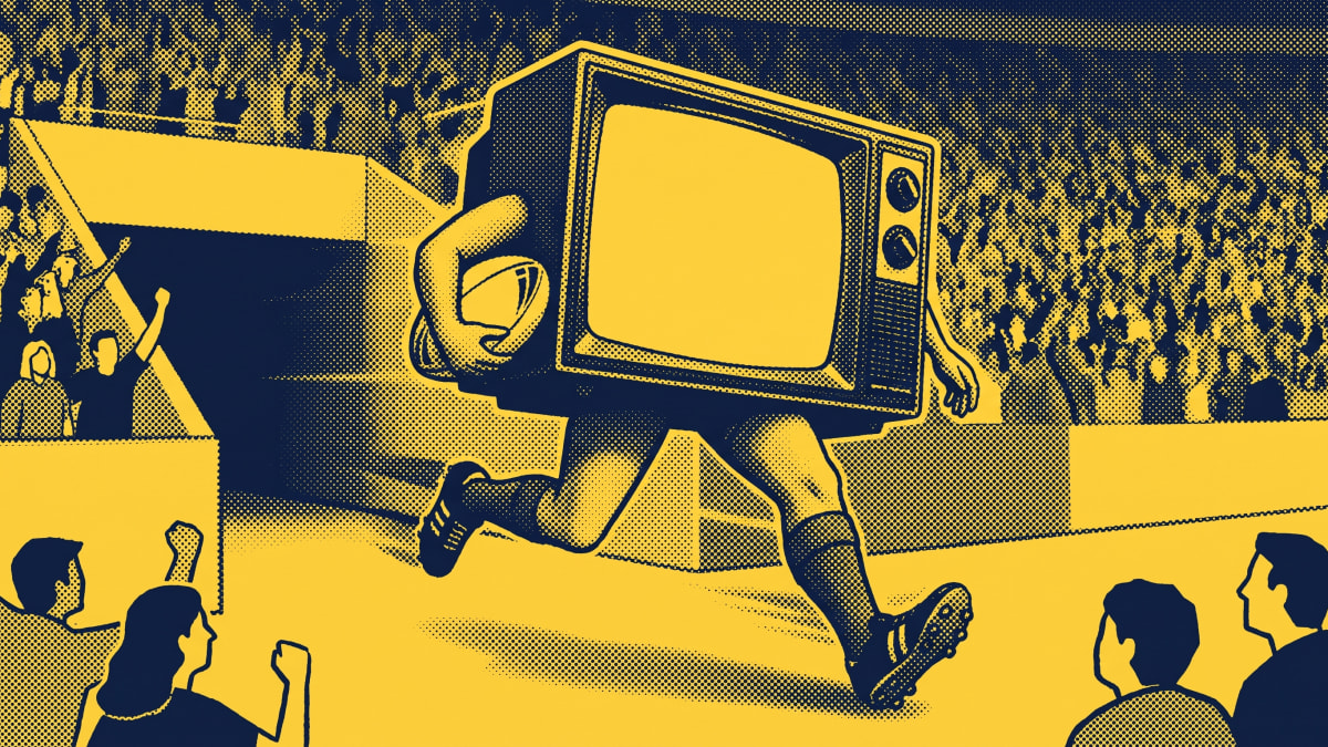 Halftone duotone illustration of a vintage television on human legs sprinting through a stadium tunnel with a rugby league ball under its arm