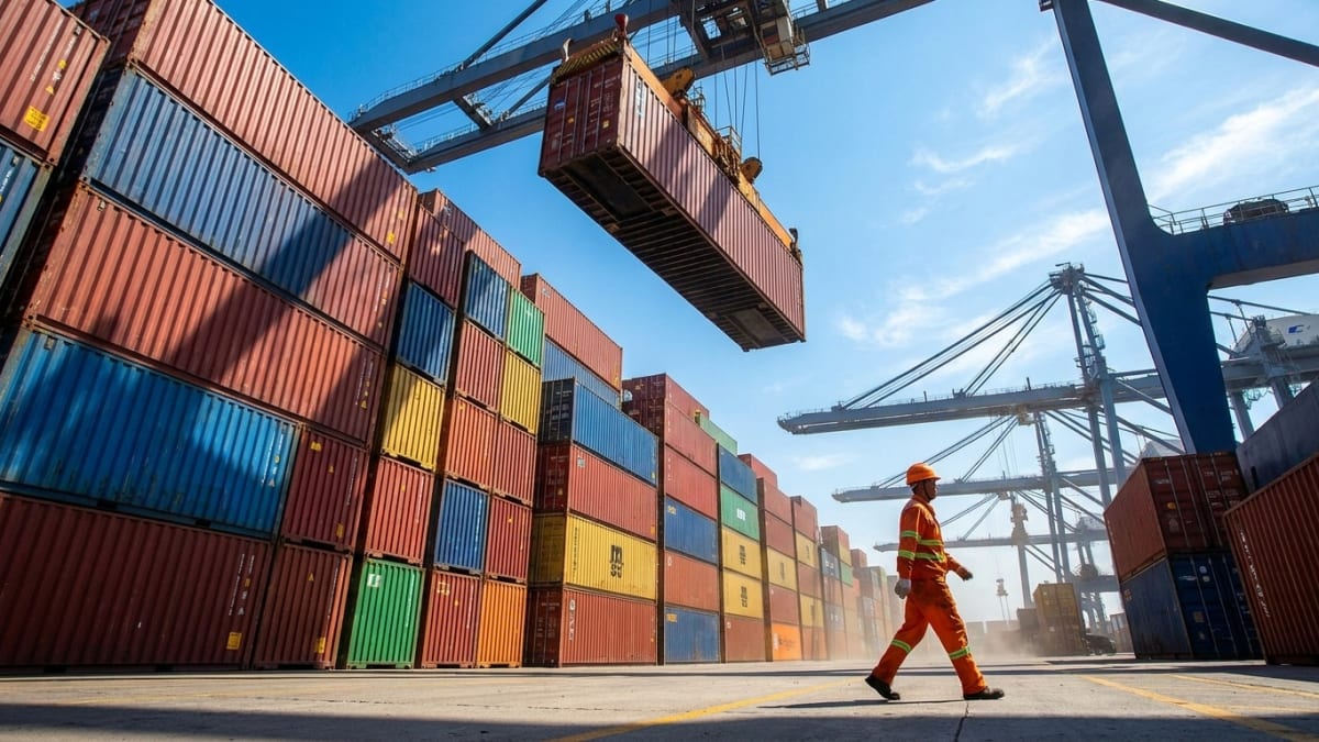 A dock worker crosses the quay as a crane swings a container overhead at a Chinese terminal