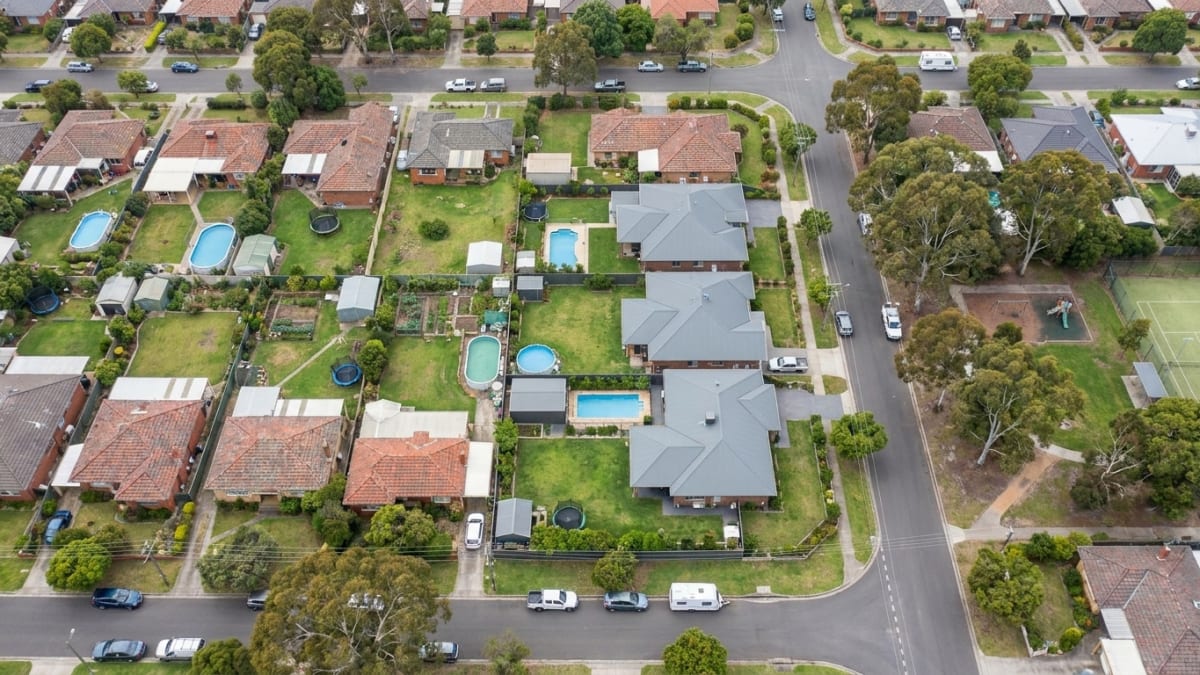 Aerial view of an established Australian suburb of detached houses