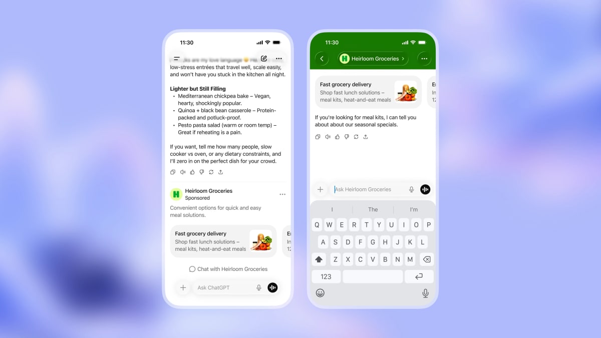 OpenAI mockup showing a sponsored ad inside ChatGPT opening a live chat with the advertiser's AI sales agent