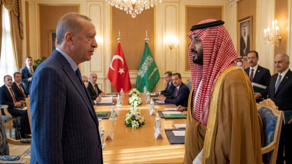 Turkiye and Saudi Arabia’s leaders stand between their national flags as officials look on at a bilateral meeting