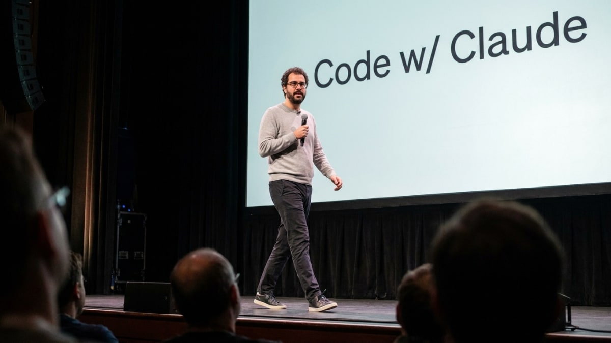 Anthropic chief executive Dario Amodei on stage at a Claude developer event