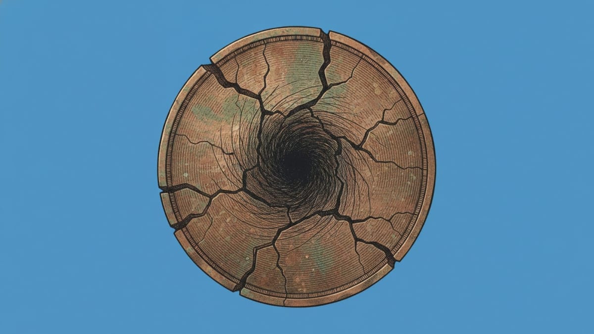 A tarnished bronze coin is deeply cracked, with a dark, swirling abyss at its center.