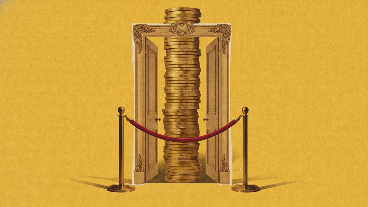 A velvet rope across an open door with a stack of coins waiting behind it