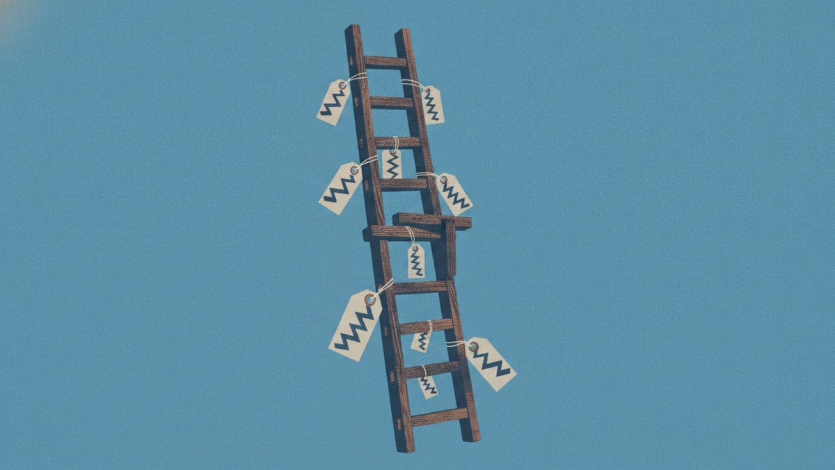 A wooden ladder with unevenly spaced rungs has small, fluctuating price tags tied to it.
