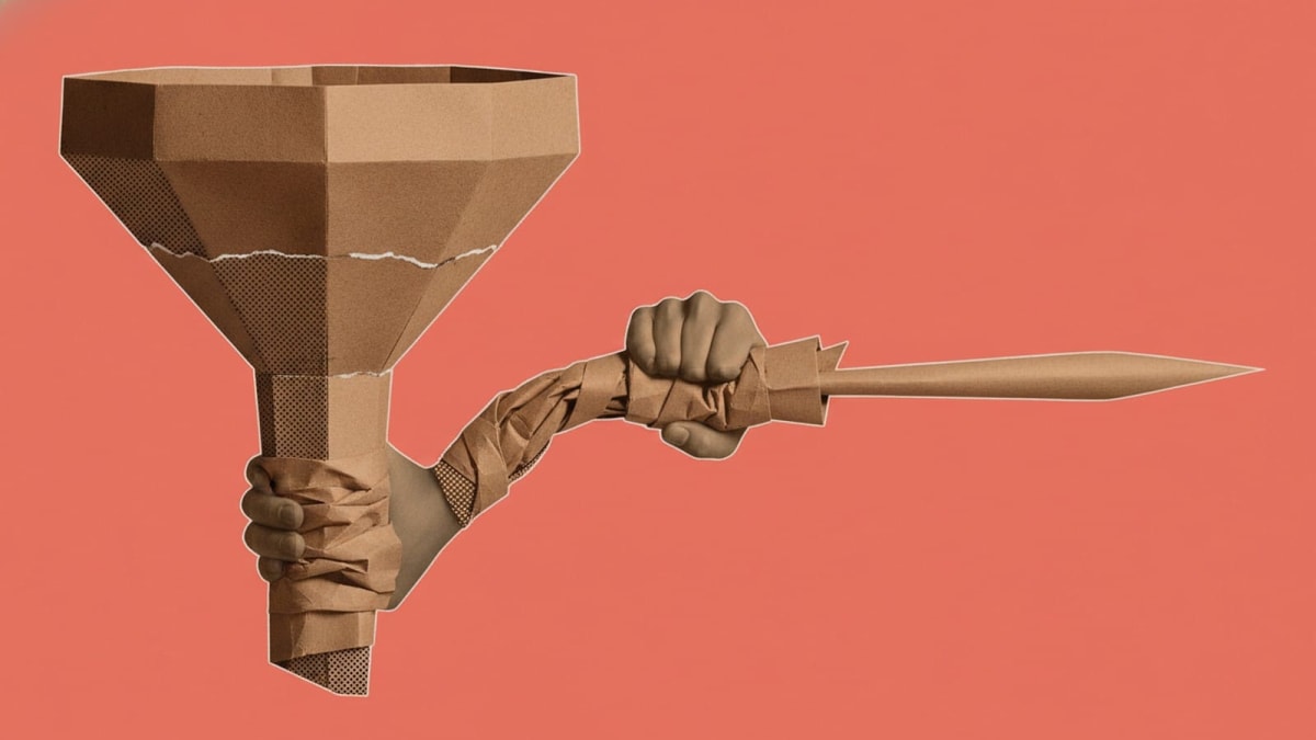 A paper funnel is split at its base, with one path flowing freely and the other crumpled and sealed shut.