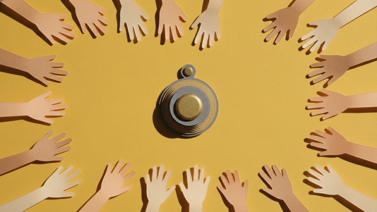A doorbell with many paper hands reaching in to press it
