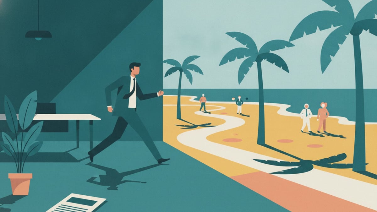An illustrated figure in a business suit steps from a shadowed corporate office into a brightly lit resort pathway.