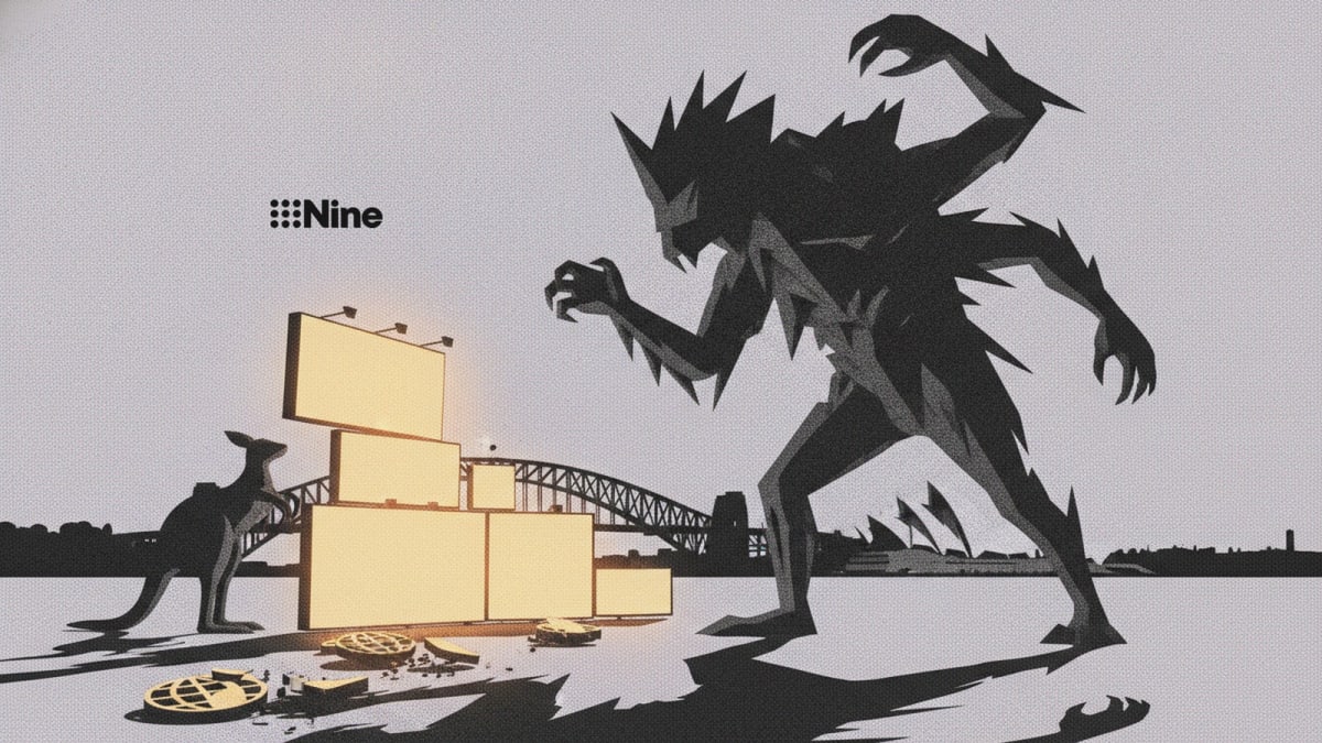 A papercut kangaroo stacks digital billboards to form a protective wall against a looming tech-oligarch creature.