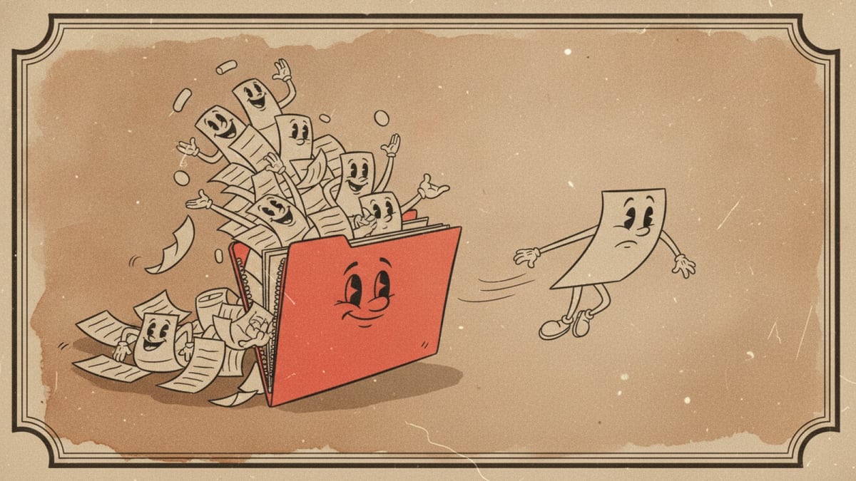 A stylized open file folder shows one side overflowing with papers while a single sheet floats away from the other.