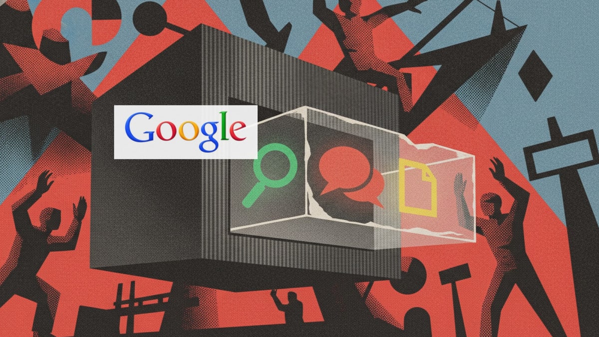 A dark grey stylised box has a transparent drawer pulled open, revealing three glowing icons representing AI-selected search terms, ad copy, and landing pages against a bright sky 