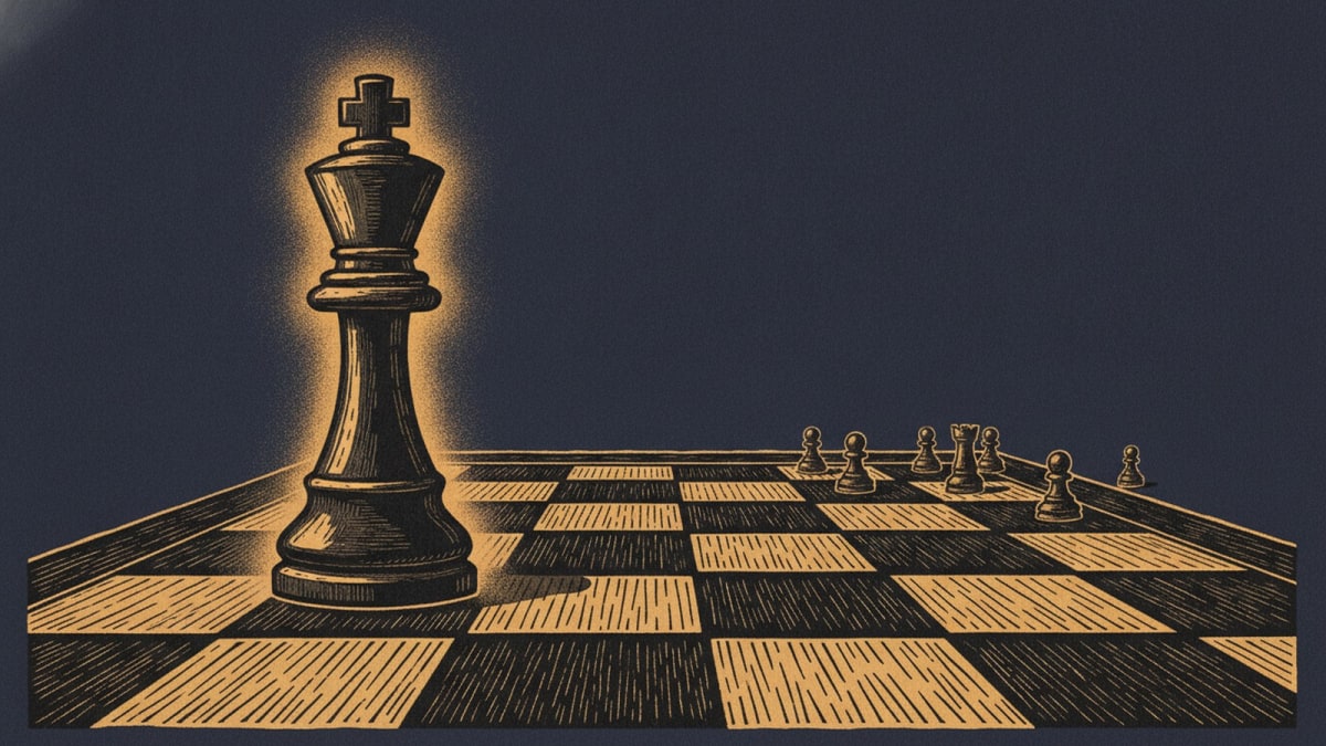A massive, intricately carved king chess piece presides over a chessboard, symbolizing senior strategic leadership and clarity.