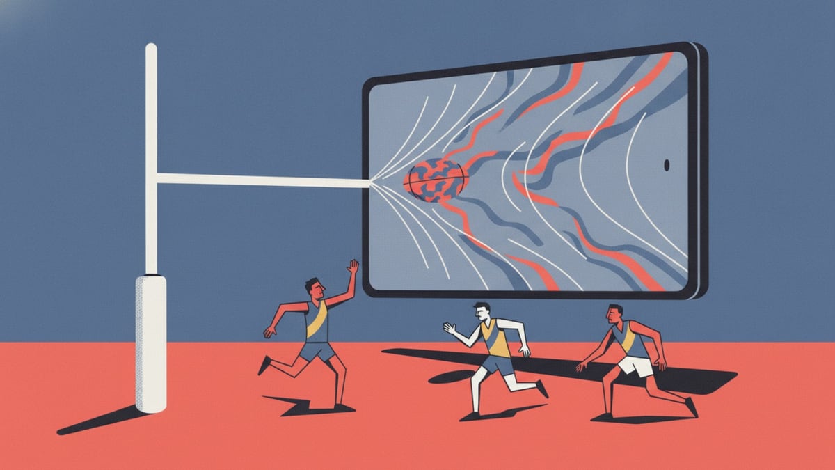 A giant streaming device replaces one of the AFL goalposts, as an oversized football scores through it, depicting the shift in viewership.