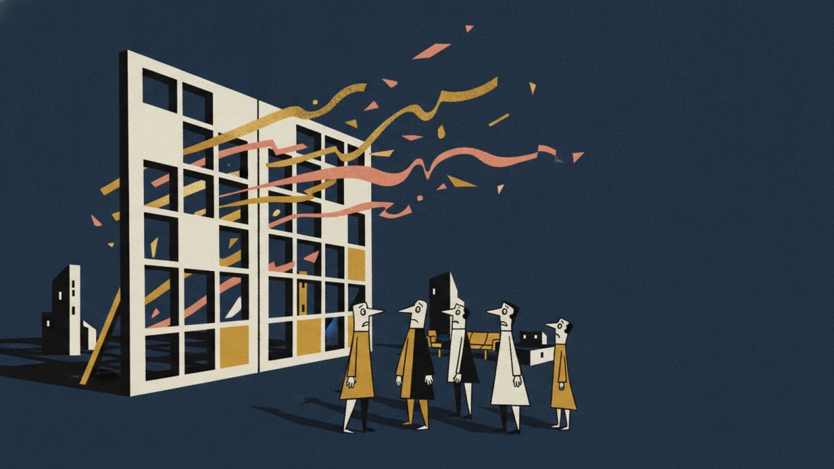 A rigid, architectural safety barrier with too many precisely cut-out holes allows abstract golden and salmon revenue to flow away onto a dark navy background.