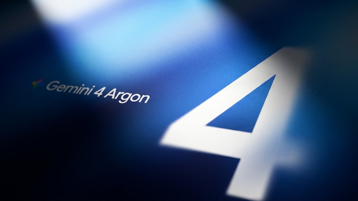 Google's Gemini 4 Argon launch artwork with the spark logo and a large numeral four on a blue gradient