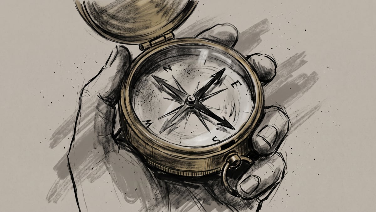 Charcoal drawing of a hand holding a pocket compass whose needles point in different directions