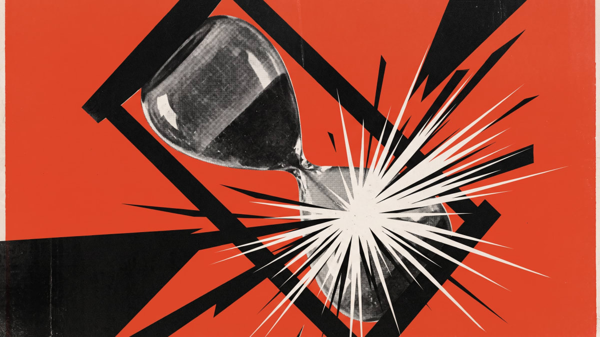 Constructivist poster of a tilted hourglass bursting into black and white rays on a vermilion ground