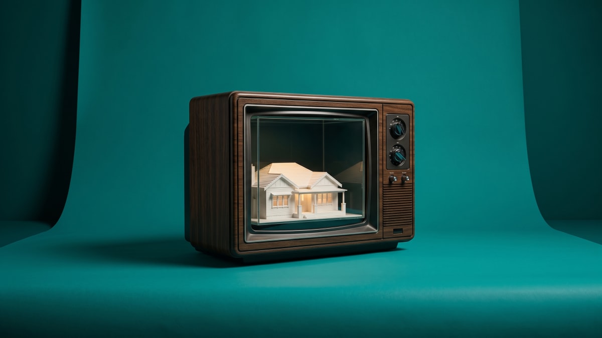 Photo-illustration of a wood-veneer 1980s television whose screen holds a small white model house, on a teal backdrop