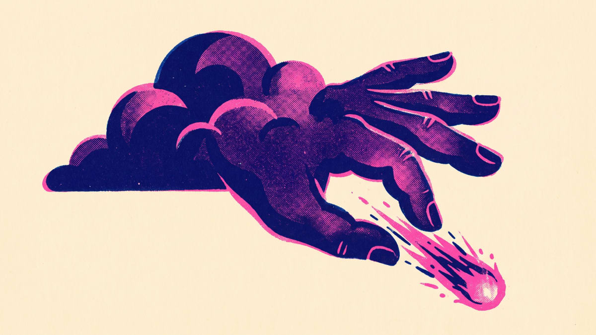 Risograph illustration of a cloud shaped like a hand catching a fast-moving comet, on cream