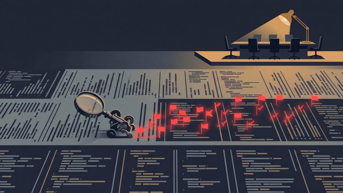 Illustration of a robotic magnifying glass flagging lines of code in red beside an empty boardroom table