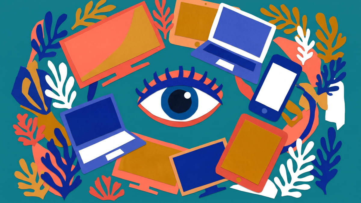 Matisse-style paper cut-out of TV, laptop, phone and tablet screens circling a single eye on a deep teal ground