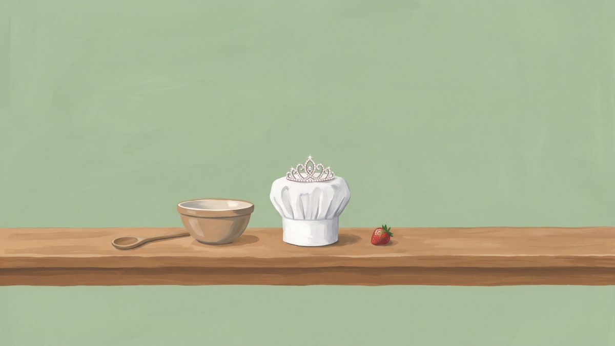 Gouache painting of a child's chef hat wearing a small tiara on a wooden kitchen bench beside a mixing bowl and a strawberry