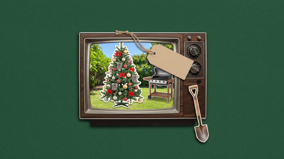 Collage of a vintage TV showing a sunny backyard Christmas tree and barbecue, with a price tag hanging from the screen