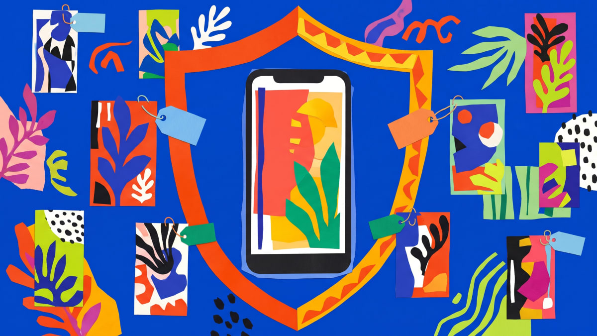 Matisse-style cut-out of a phone inside a shield surrounded by video cards, some with small labels attached