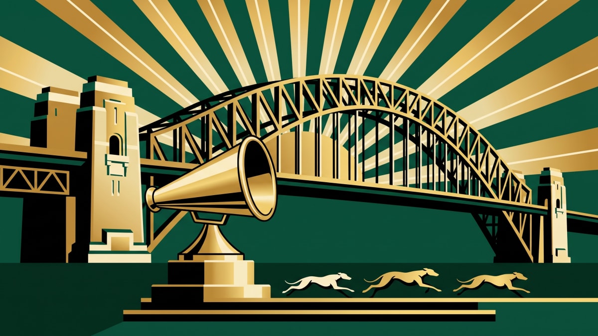 Art Deco poster of a golden megaphone trophy before the Sydney Harbour Bridge, with greyhounds racing towards it