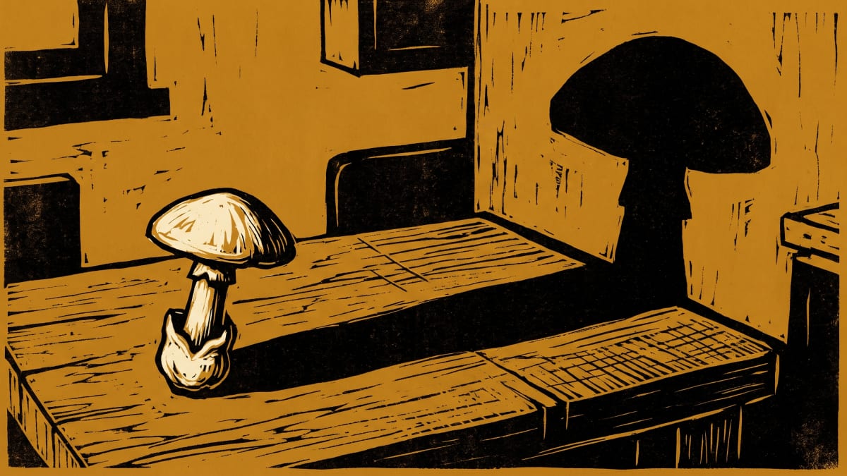 Woodcut of a single mushroom on a farmhouse table casting a long black shadow