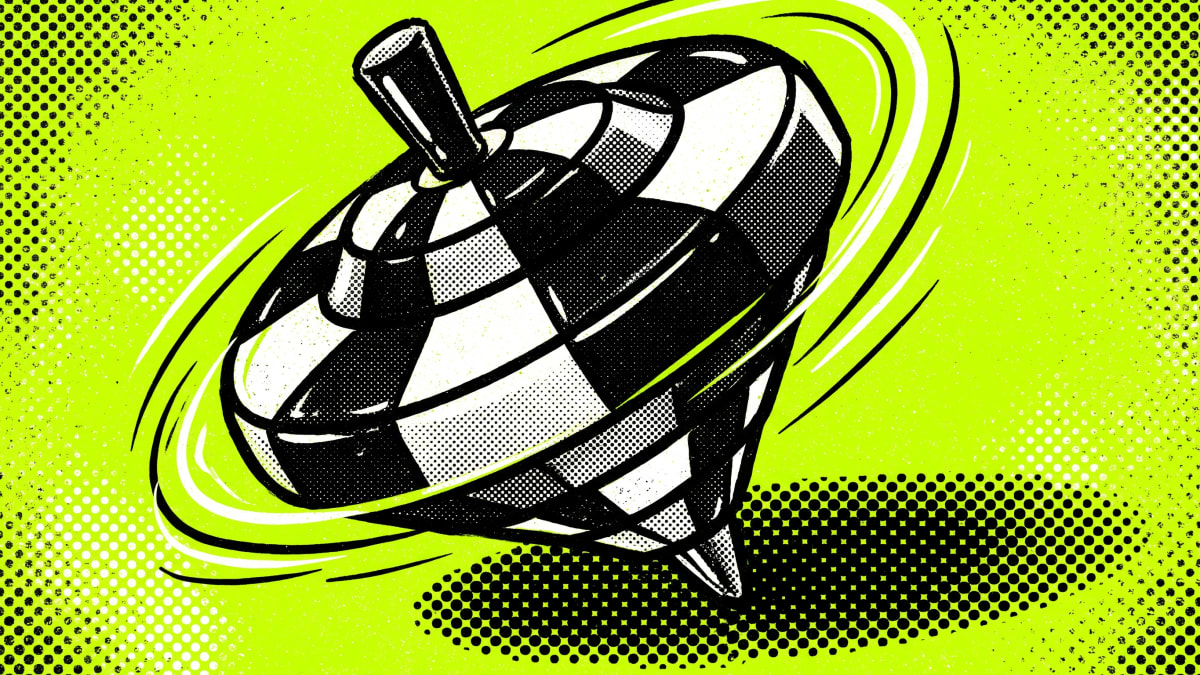 Halftone illustration of a black and white spinning top wobbling on an acid green ground